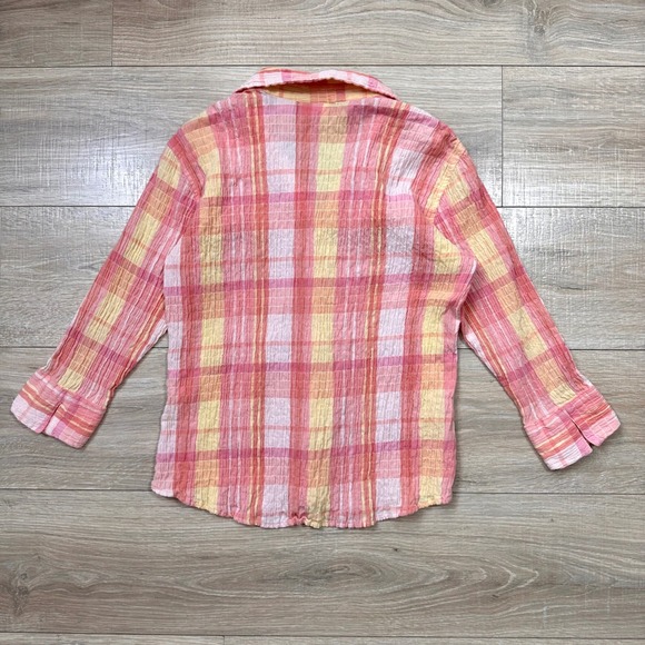 Y2K St. John's Bay Pink Yellow Plaid Gauze Button Up 3/4 Sleeve Blouse Top M - Picture 5 of 7